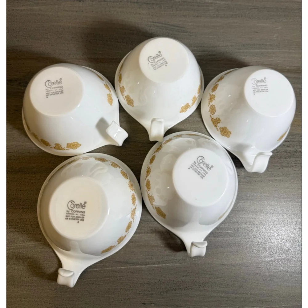 Set of 5 vintage Corelle Butterfly Gold flat cups hook handles by Corning